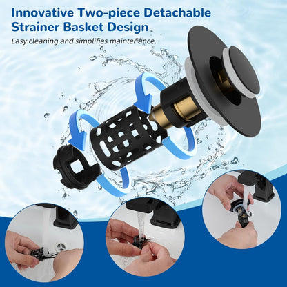 Hibbent Upgraded 3-in-1 Bathroom Sink Drain Strainer, Universal Pop-Up Plug, Removable Stainless Steel Basket-Style Hair Catcher