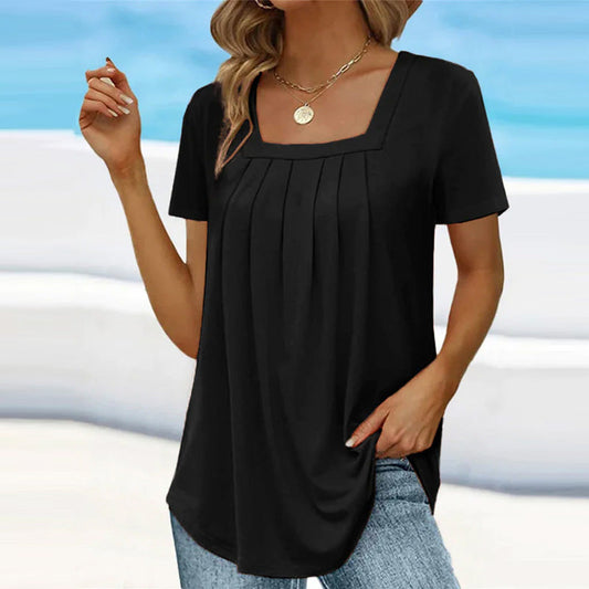 🔥HOT SALE🔥Square Neck Solid Color Short Sleeve T-Shirt - Chic & Elegant Style