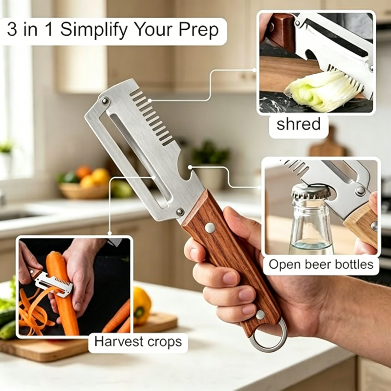 🔪 Peeler | 🧵 Julienne Maker | 🍺 Bottle Opener — All in one premium tool. Rust-proof stainless steel + wood grip. Limited offer live!