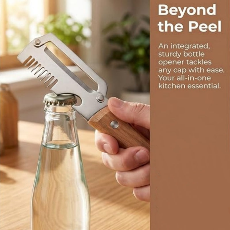 🔪 Peeler | 🧵 Julienne Maker | 🍺 Bottle Opener — All in one premium tool. Rust-proof stainless steel + wood grip. Limited offer live!