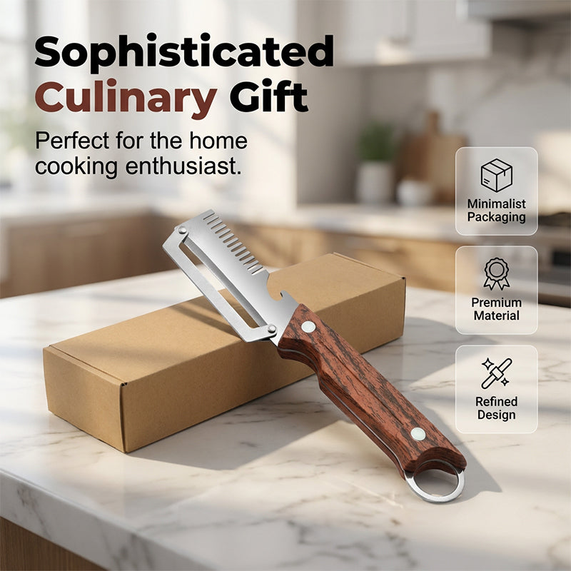 🔪 Peeler | 🧵 Julienne Maker | 🍺 Bottle Opener — All in one premium tool. Rust-proof stainless steel + wood grip. Limited offer live!