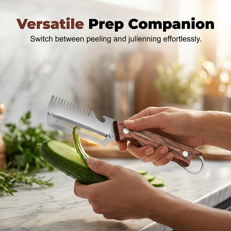 🔪 Peeler | 🧵 Julienne Maker | 🍺 Bottle Opener — All in one premium tool. Rust-proof stainless steel + wood grip. Limited offer live!