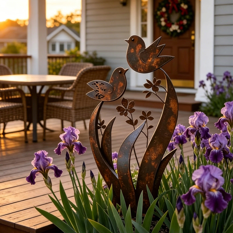Rustic Bird & Flower Metal Garden Stake