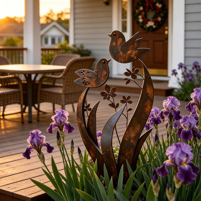 Rustic Bird & Flower Metal Garden Stake