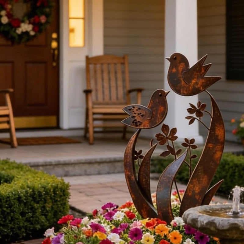 Rustic Bird & Flower Metal Garden Stake
