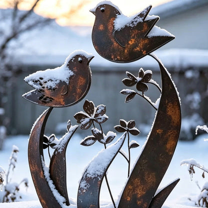 Rustic Bird & Flower Metal Garden Stake