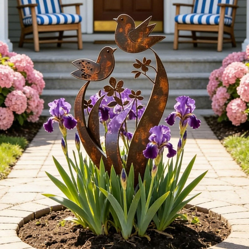 Rustic Bird & Flower Metal Garden Stake