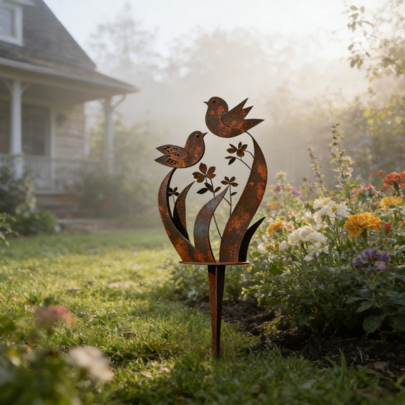 Rustic Bird & Flower Metal Garden Stake