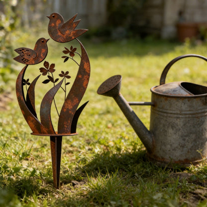 Rustic Bird & Flower Metal Garden Stake