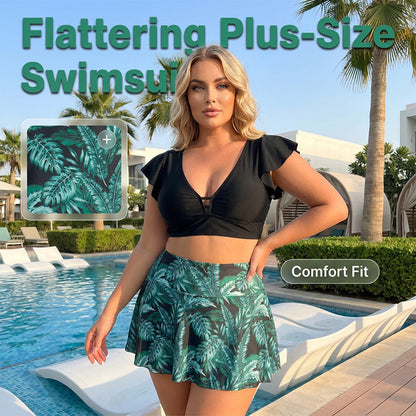 🌺 Plus-Size Tropical Two-Piece Swimsuit – Ruffle Sleeves, Tummy Control, Skirted. 47% OFF + Free Shipping!