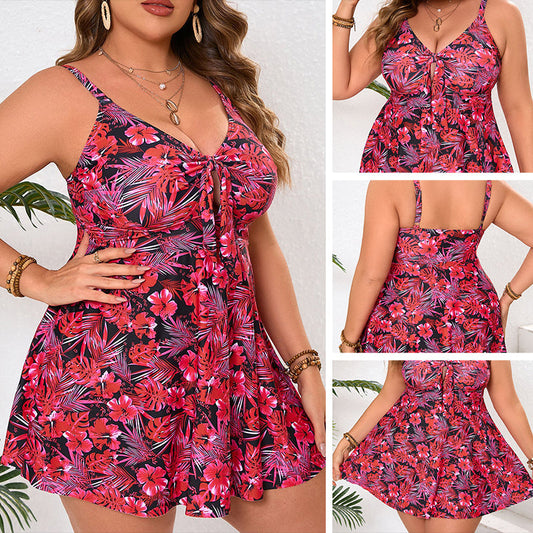 🌺 Vibrant Floral Spaghetti Strap Mini Swimdress & Triangle Bikini Set – Adjustable Bow-Tie Bust, Removable Padding & Quick-Dry