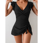 💃 Flattering Ruched Tummy Control One-Piece Swimsuit Dress – Chic Ruffled Cap Sleeves & Side-Tie Asymmetrical Hem  Shop Now!