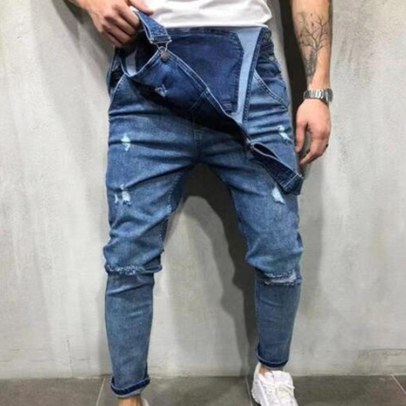 👖Men's Denim Overalls Distressed Ripped Bib Jumpsuits